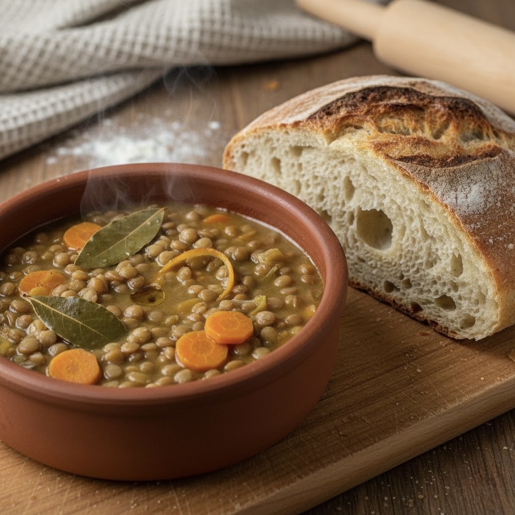 Φακές «ελιξίριο» με πορτοκάλι και το εύκολο ψωμί της τεμπέλας