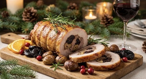 Χοιρινό ρολό γεμιστό με δαμάσκηνα & κάστανα